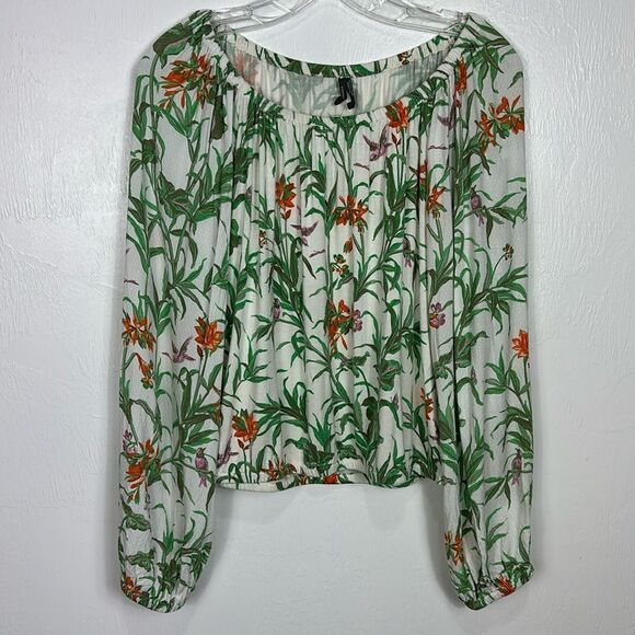 ANTHROPOLOGIE Cascais Tropical Floral Bird Off The Shoulder Puff Sleeve Top XS - Picture 3 of 12